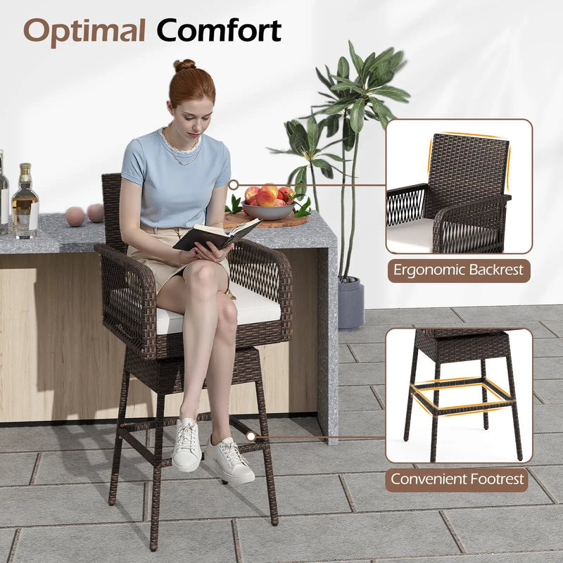29 Inches Patio 360¬∞ Swivel Bar Stool with Cross-Woven Armrests and Seat Cushion-White by DirectDeals
