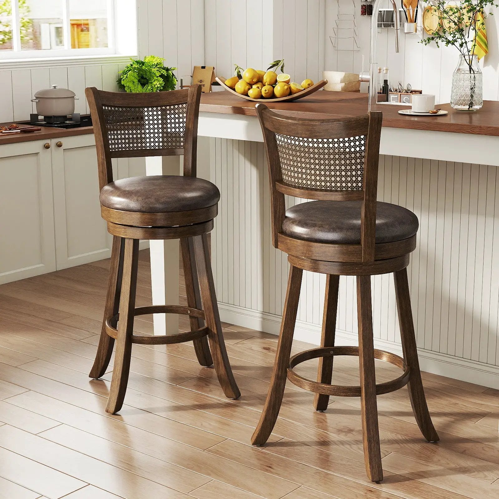 29 Inches Swivel Counter Height Barstool Set of 2 with Rattan Backrest and Footrest-Brown by DirectDeals