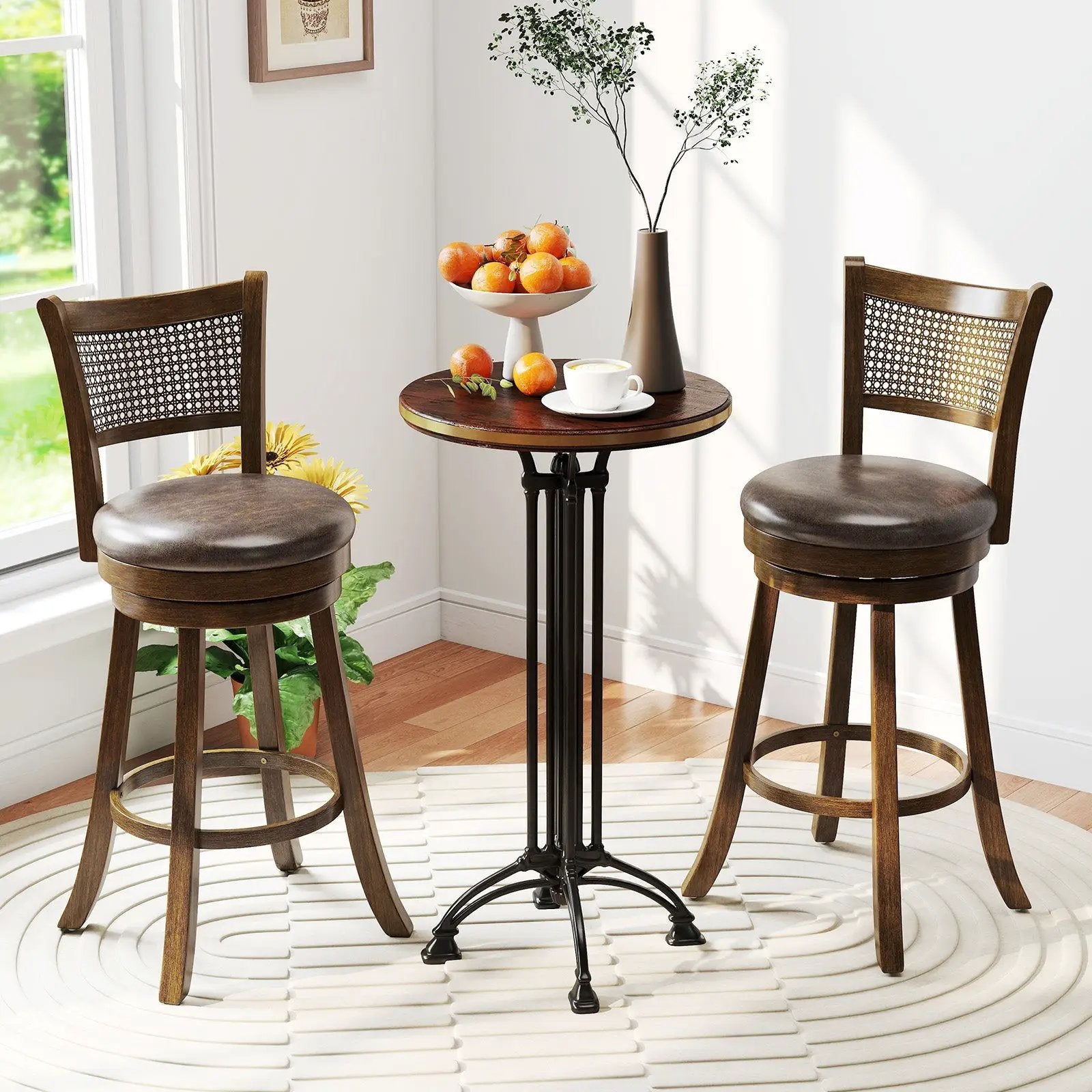 29 Inches Swivel Counter Height Barstool Set of 2 with Rattan Backrest and Footrest-Brown by DirectDeals