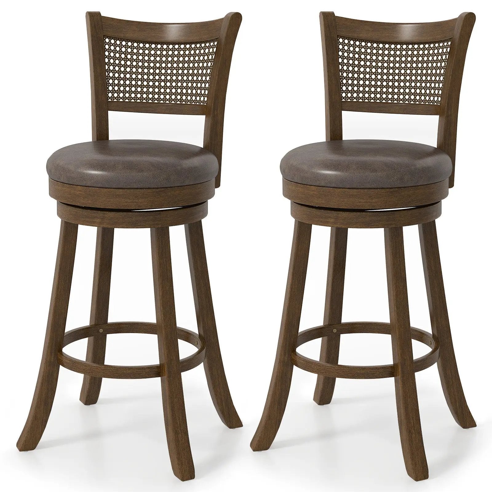 29 Inches Swivel Counter Height Barstool Set of 2 with Rattan Backrest and Footrest-Brown by DirectDeals
