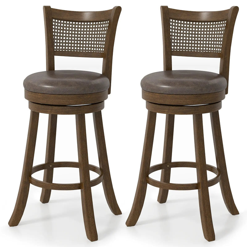 29 Inches Swivel Counter Height Barstool Set of 2 with Rattan Backrest and Footrest-Brown by DirectDeals