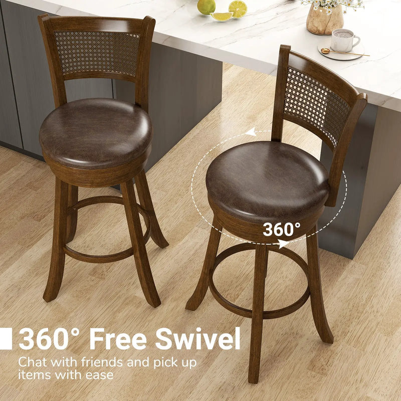 29 Inches Swivel Counter Height Barstool Set of 2 with Rattan Backrest and Footrest-Brown by DirectDeals