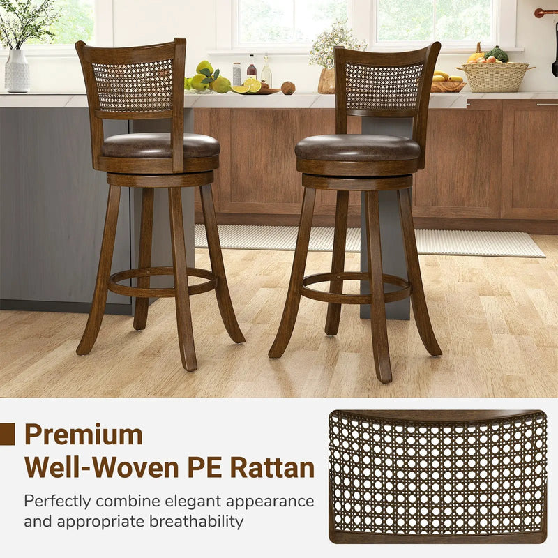 29 Inches Swivel Counter Height Barstool Set of 2 with Rattan Backrest and Footrest-Brown by DirectDeals