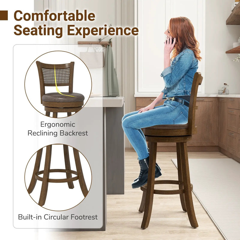 29 Inches Swivel Counter Height Barstool Set of 2 with Rattan Backrest and Footrest-Brown by DirectDeals