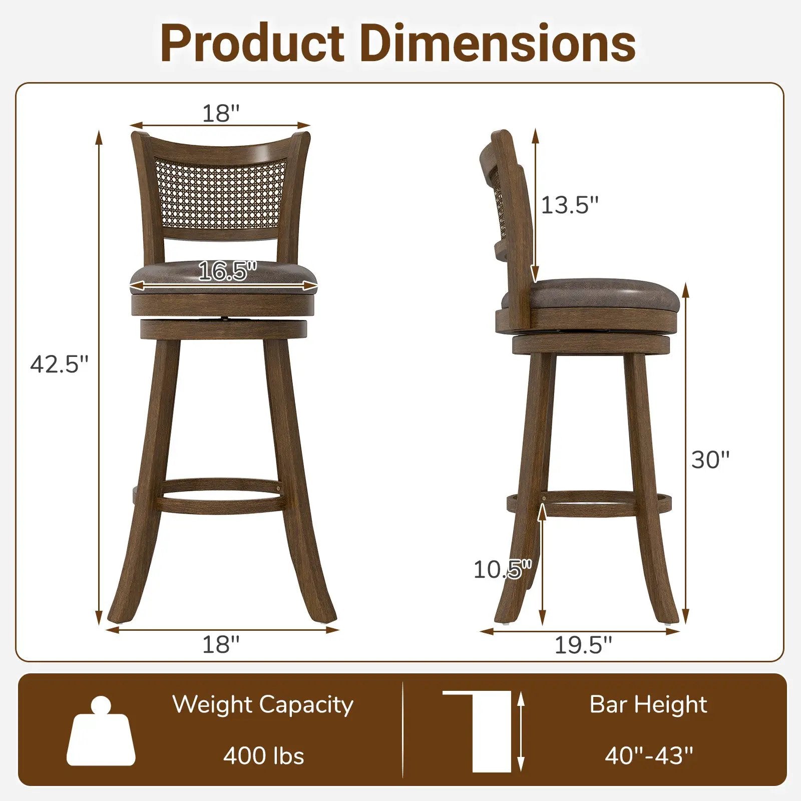29 Inches Swivel Counter Height Barstool Set of 2 with Rattan Backrest and Footrest-Brown by DirectDeals