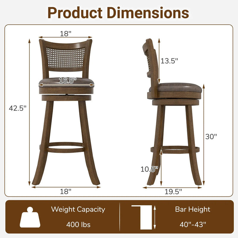 29 Inches Swivel Counter Height Barstool Set of 2 with Rattan Backrest and Footrest-Brown by DirectDeals