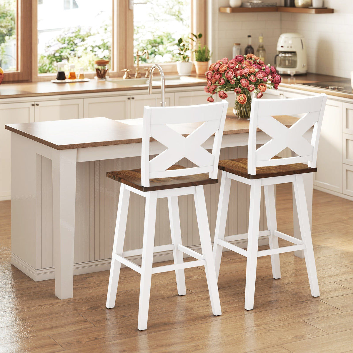 29" Rubberwood Swivel Barstools Set of 2 with Backrest and Large Seat, photo 4 of 16