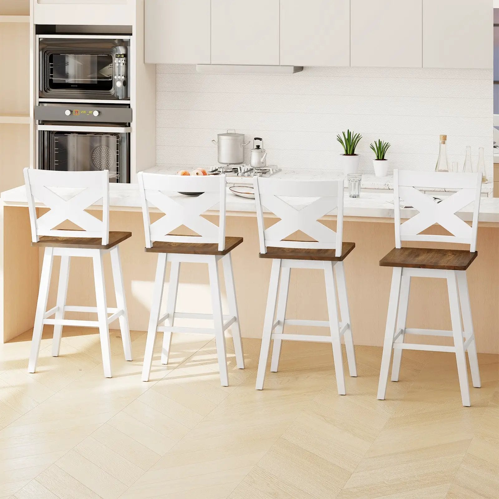 29" Rubberwood Swivel Barstools Set of 4 with Backrest and Large Seat by DirectDeals