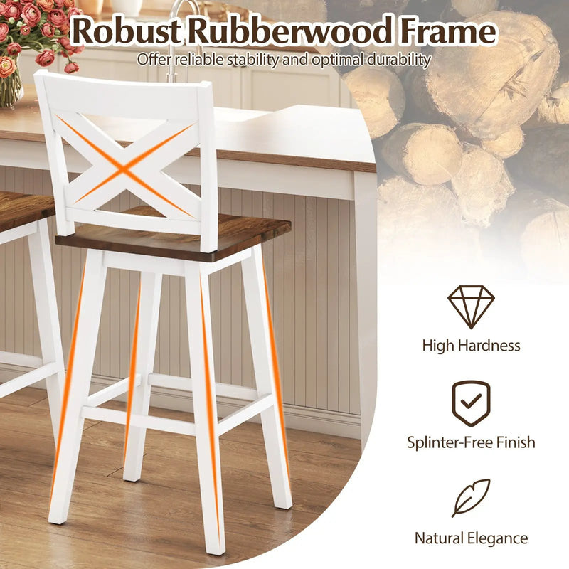 29" Rubberwood Swivel Barstools Set of 4 with Backrest and Large Seat by DirectDeals