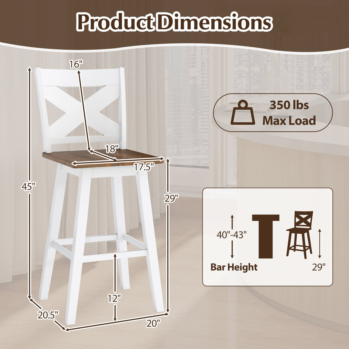 29" Rubberwood Swivel Barstools Set of 2 with Backrest and Large Seat, photo 8 of 16