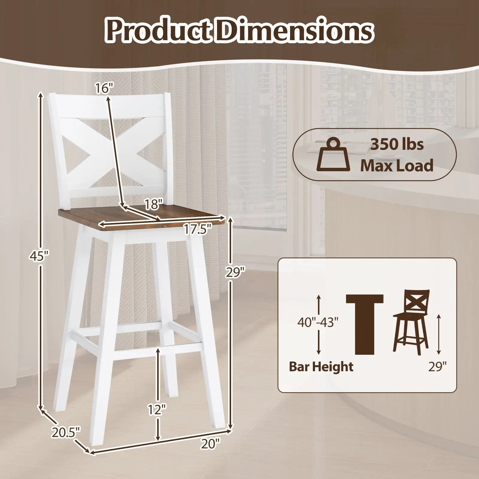 29" Rubberwood Swivel Barstools Set of 4 with Backrest and Large Seat by DirectDeals