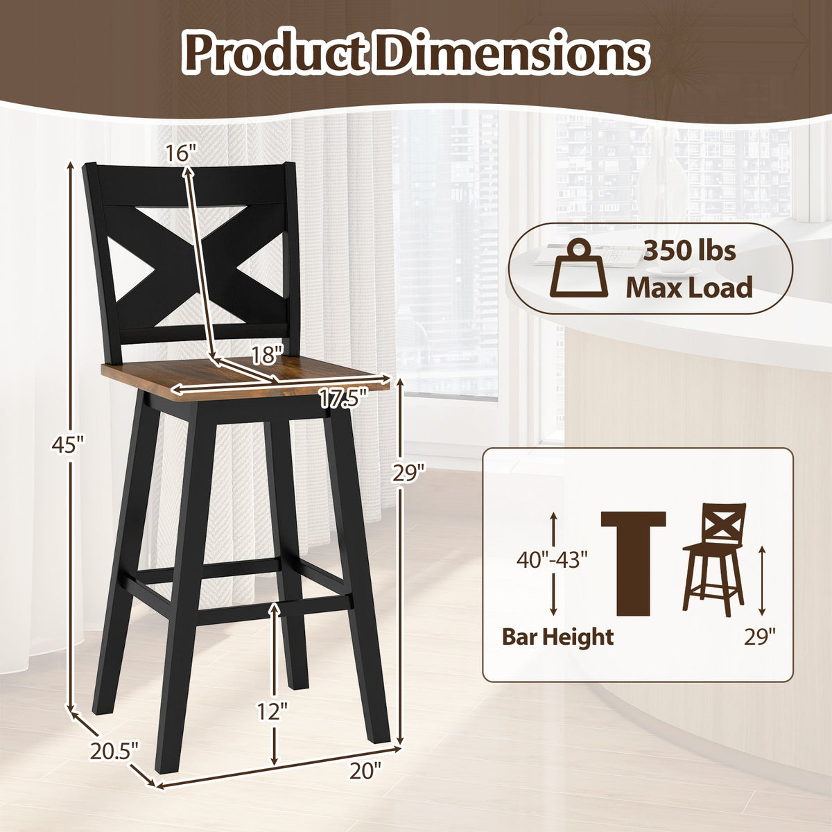 29" Rubberwood Swivel Barstools Set of 4 with Backrest and Large Seat, photo 9 of 14