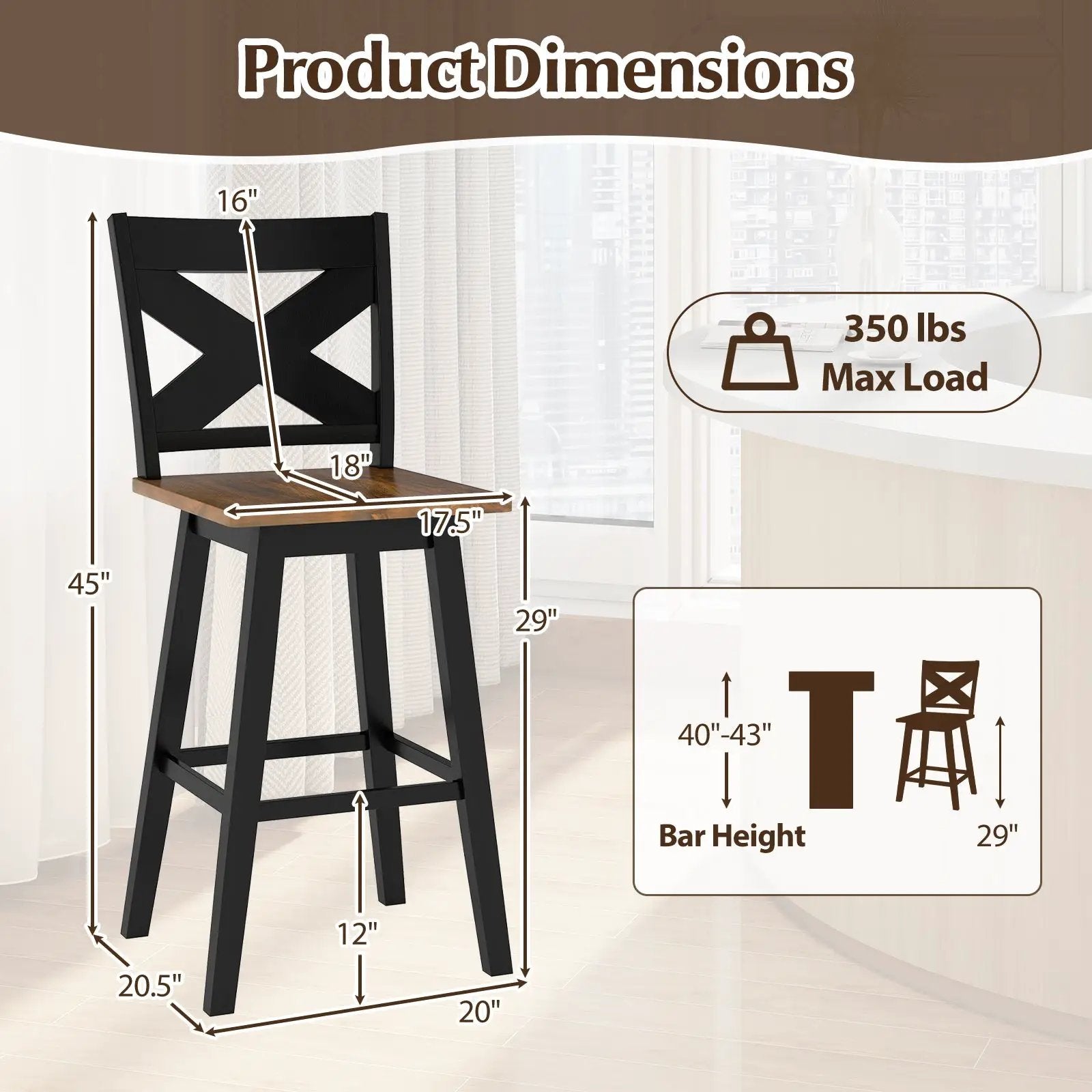 29" Rubberwood Swivel Barstools Set of 4 with Backrest and Large Seat by DirectDeals