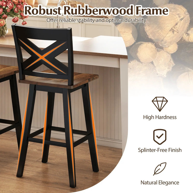 29" Rubberwood Swivel Barstools Set of 2 with Backrest and Large Seat by DirectDeals