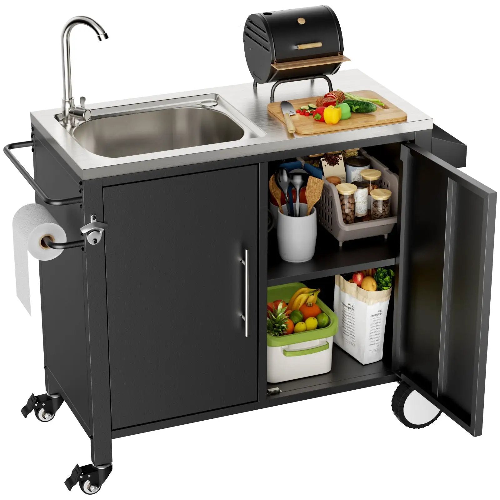 Outdoor Grill Table With Sink, Grill Cart With Sink And Cabinet With Wheels - Black / Silver by HouseOfZazla