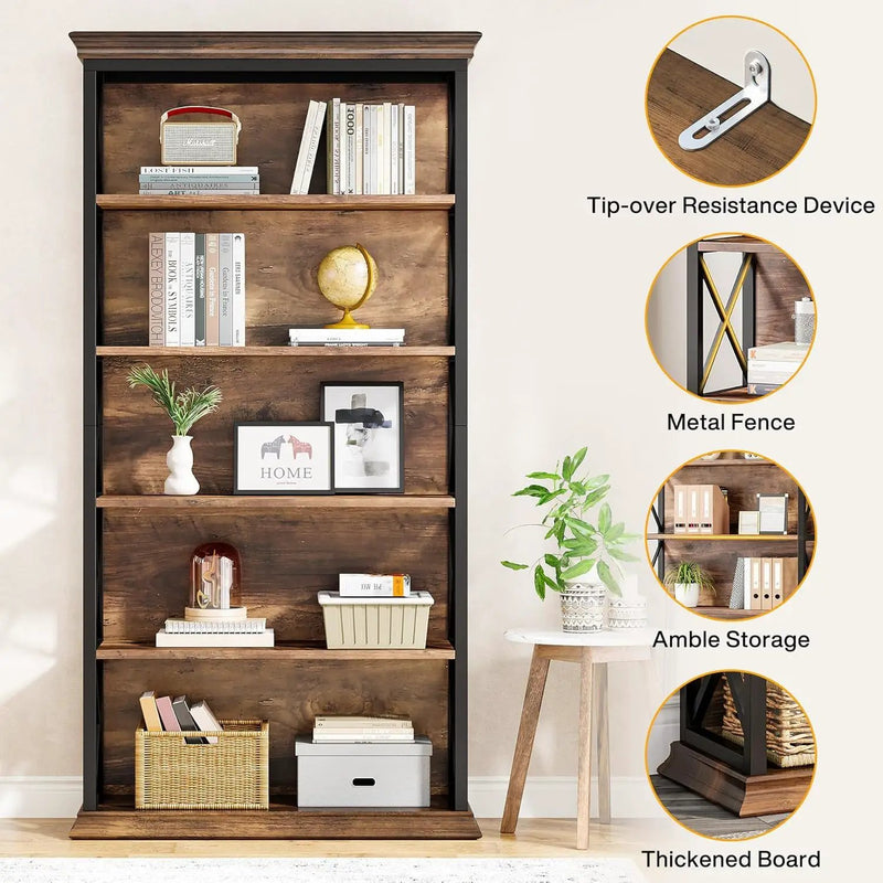 6 Tier Industrial Brown & Bookshelf With X Pattern Design - Rustic Brown by HouseOfZazla