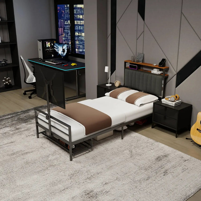 Twin Size Gaming Bed with Rotating TV Mount and LED Lighting by HouseOfZazla