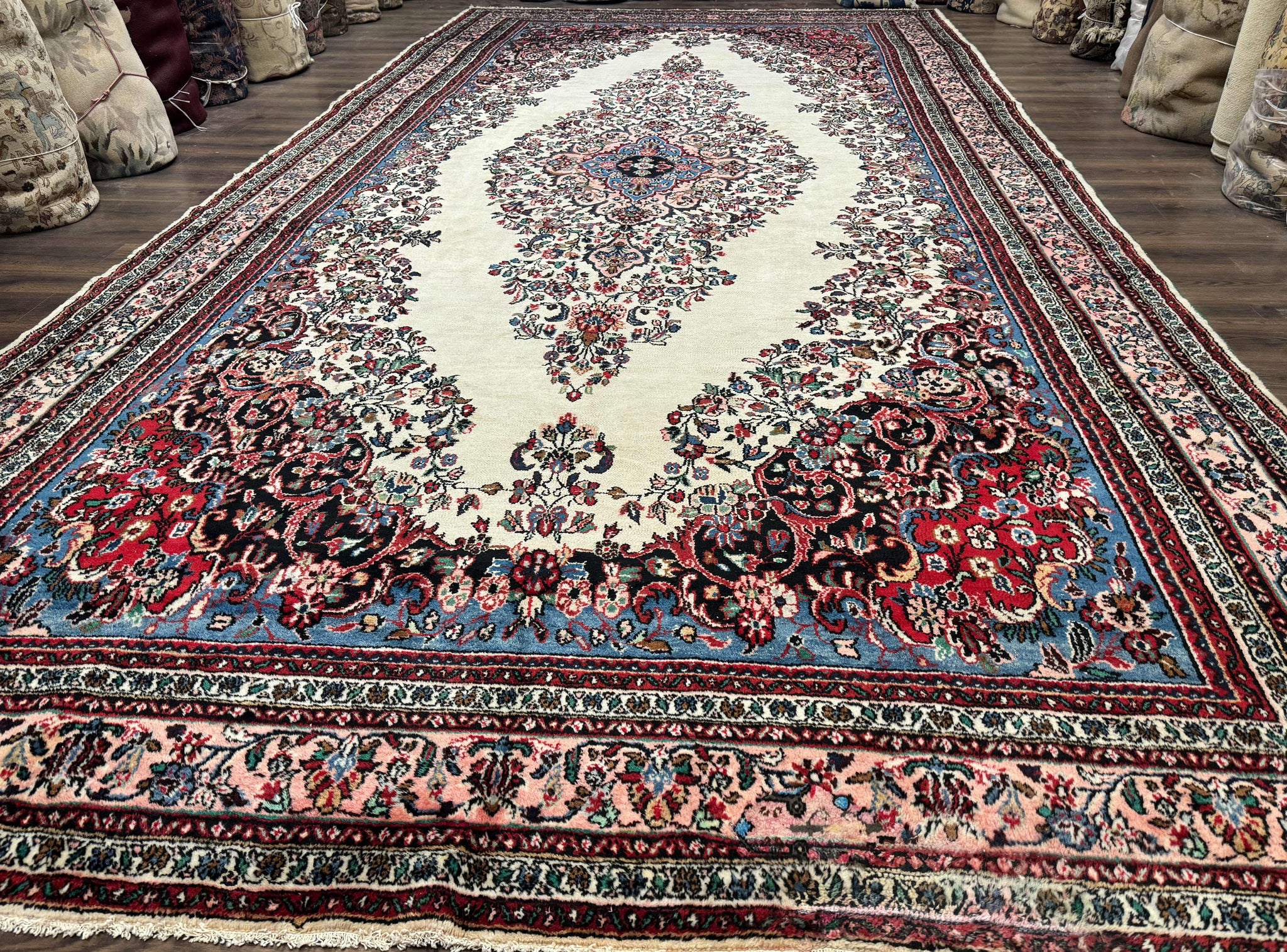 Palace Size Persian Rug 10 x 21 ft, Antique Hamadan Bibikabad Carpet, Handmade Antique Wool Oversized Rug, Ivory, Semi Open Field by Jewel Rugs