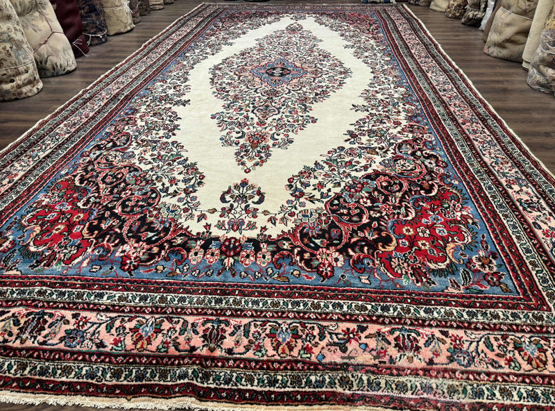 Palace Size Persian Rug 10 x 21 ft, Antique Hamadan Bibikabad Carpet, Handmade Antique Wool Oversized Rug, Ivory, Semi Open Field by Jewel Rugs