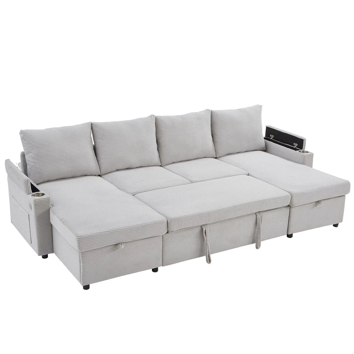 U Shaped Sectional Sofa Bed With Storage Chaise Lounges, USB Ports, And Cup Holders by HouseOfZazla