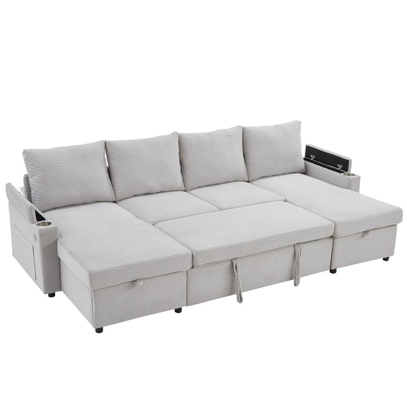 U Shaped Sectional Sofa Bed With Storage Chaise Lounges, USB Ports, And Cup Holders by HouseOfZazla