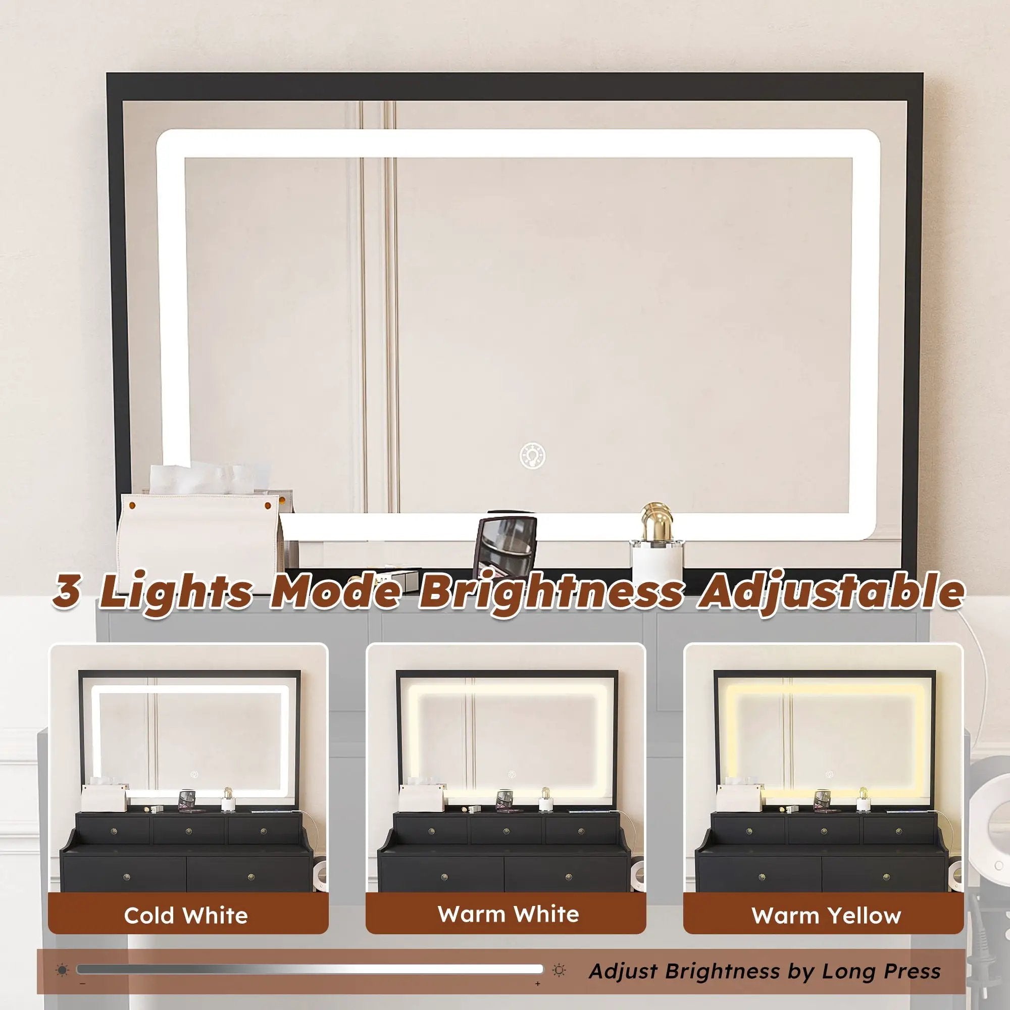 Modern Makeup Vanity Set With Power Outlet, Hair Dryer Holder, And Adjustable Lighting by Unique Piece Furniture