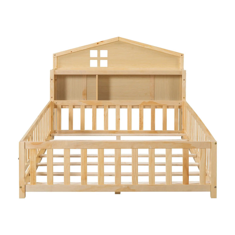 Full Size Montessori Floor Bed With Bookcases And boards, Solid Wood Platform Bed With Guard Rails And Storage Headboards - Natural by HouseOfZazla