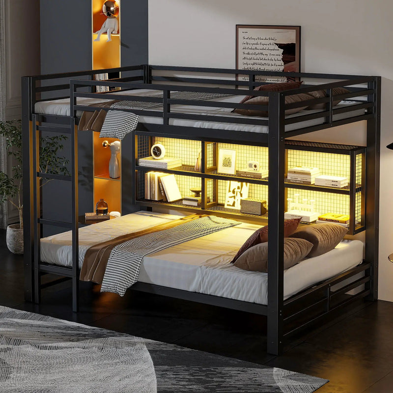 Queen Over Queen Bunk Bed With Storage Cabinets And LED Sturdy Frame, 6 Storage Units, Adjustable LED Lights - Black by Unique Piece Furniture