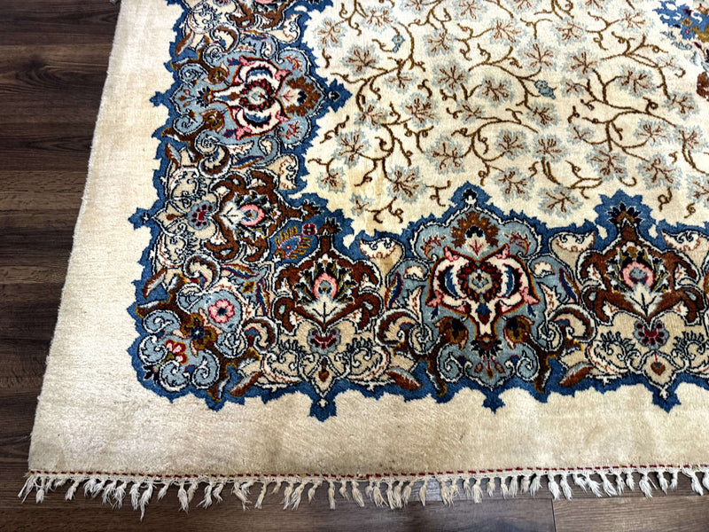 Persian Kashan Rug 9 x 12.6, Ivory and Blue, Floral Medallion, Wool Hand Knotted Semi Antique Carpet by Jewel Rugs