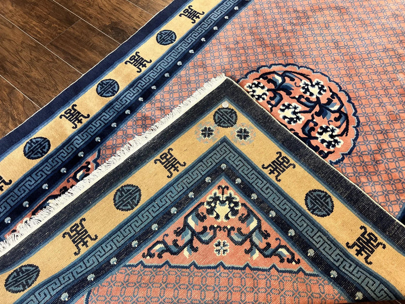 Chinese Peking Rug 5x8, Vintage Semi Antique Chinese Art Deco Carpet, Wool Pile Light Red/Salmon Gold Navy Blue, Handmade Asian Oriental Rug by Jewel Rugs