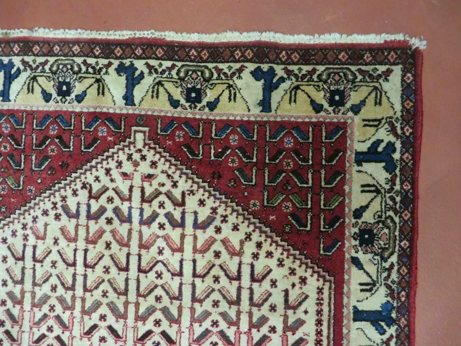 3' X 5' Vintage Handmade India Geometric Oriental Wool Rug Nice Birds Ivory Red by Jewel Rugs