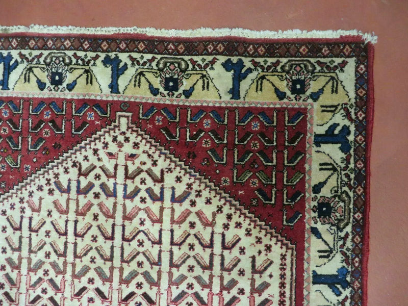 3' X 5' Vintage Handmade India Geometric Oriental Wool Rug Nice Birds Ivory Red by Jewel Rugs