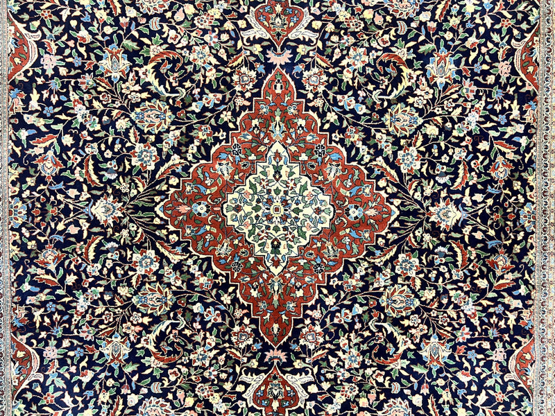 Indo Persian Rug 8x10, Floral Medallion, Vintage Handmade Wool Carpet, Navy Blue and Red, Fine 300 KPSI by Jewel Rugs
