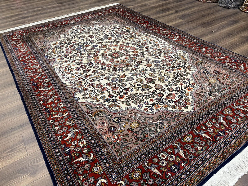 Beautiful Sino Persian Rug 7x10, Circle of Life Tree of Life Rug, Birds, Cream Red Navy Blue Taupe, Wool Silk Accents, Hand Knotted Vintage by Jewel Rugs
