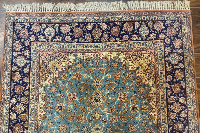 Light Blue Persian Isfahan Rug 5x8, Floral Medallion, Wool on Silk Foundation, Very Fine 530 KPSI, Handmade Carpet by Jewel Rugs