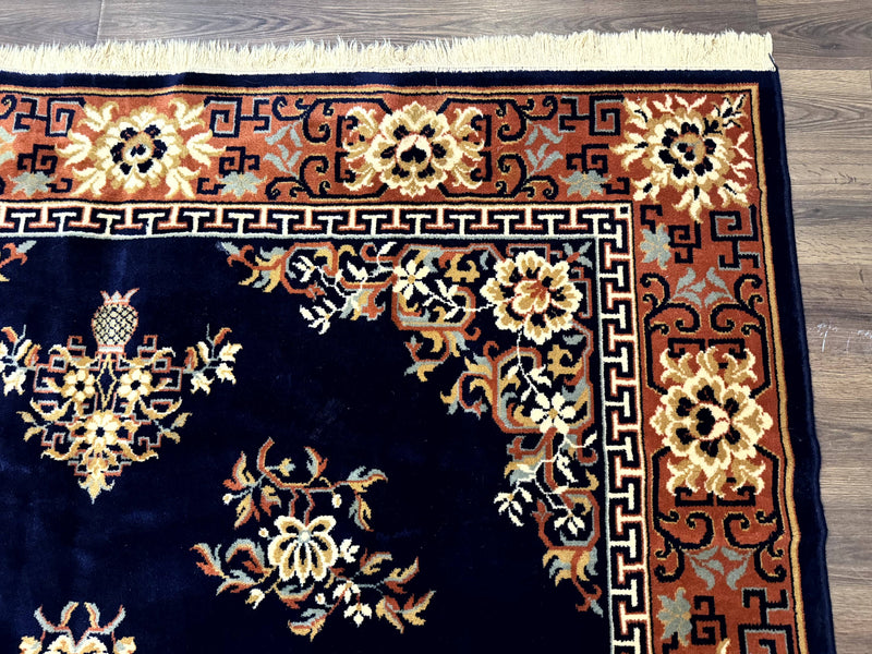 Chinese Wool Rug 8x11, Navy Blue and Terracotta, Floral, Couristan Belgium Power Loomed Carpet by Jewel Rugs