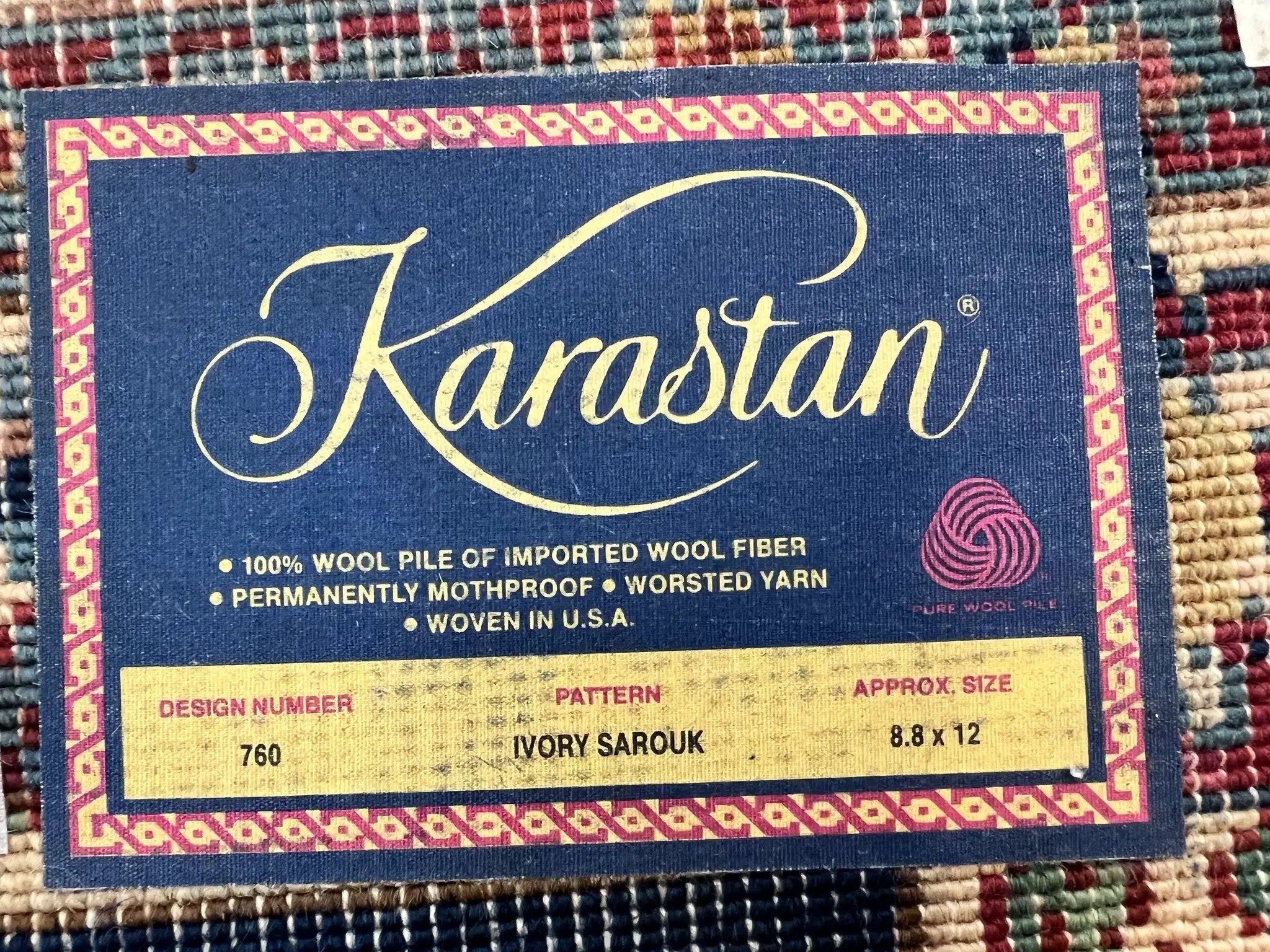 Karastan Rug 8' 8" x 12', Ivory Sarouk #760, Original Karastan Carpet 700 Series, Wool Karastan Area Rug, USA Made, Large Karastan w/ Label by Jewel Rugs