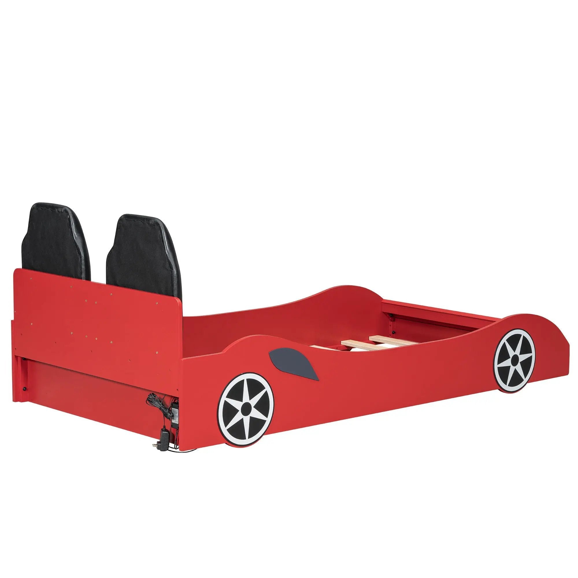 Race Car Shaped Platform Bed With LED And Upholstered Backrest In