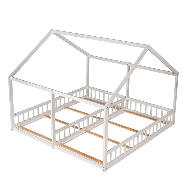 House Platform Beds, 2 Shared Beds, Metal Frame With Guardrails