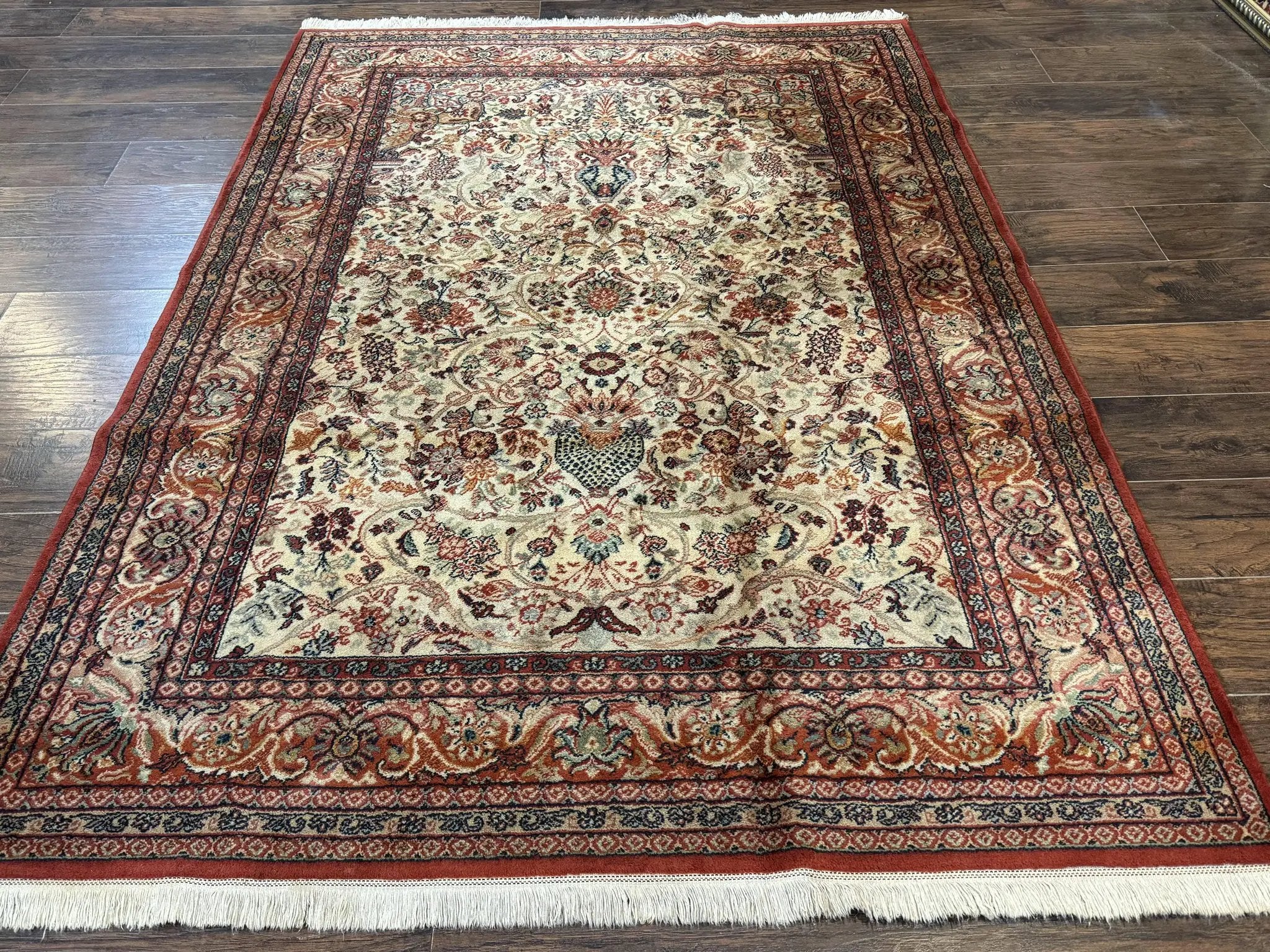 Antique Persian Rug 5x7, Allover Floral with Vases, Beige and Red, Belgian Power Loomed Rug, Vintage by Jewel Rugs
