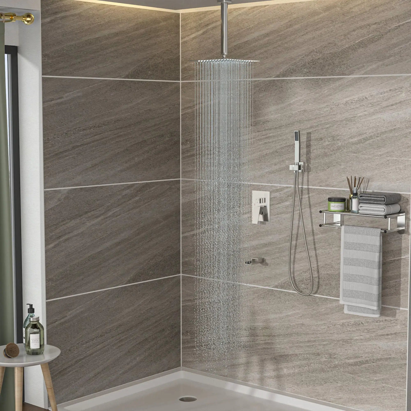 Modern Shower System With Waterfall Tub Spout, 12" Ceiling Mount Square Shower by HouseOfZazla