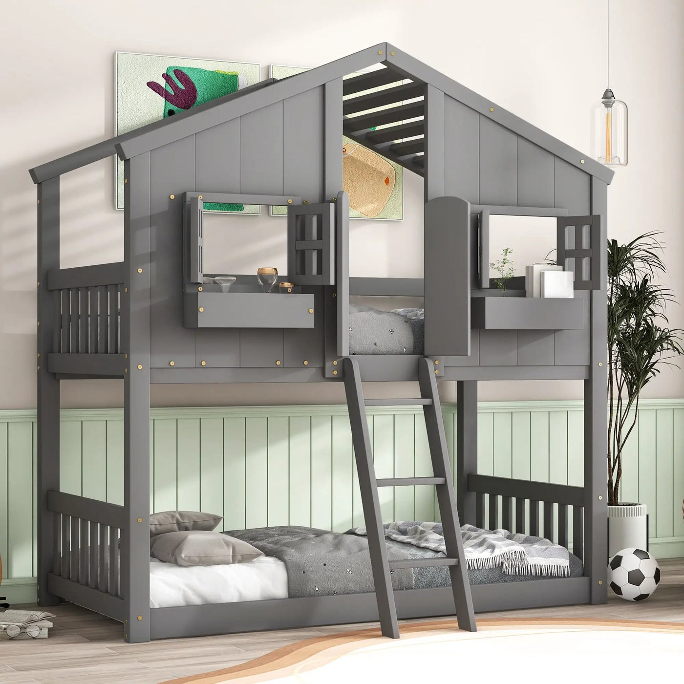 House Bunk Bed With Roof, Window, Window Box, Door, With Safety Guardrails And Ladder by Unique Piece Furniture