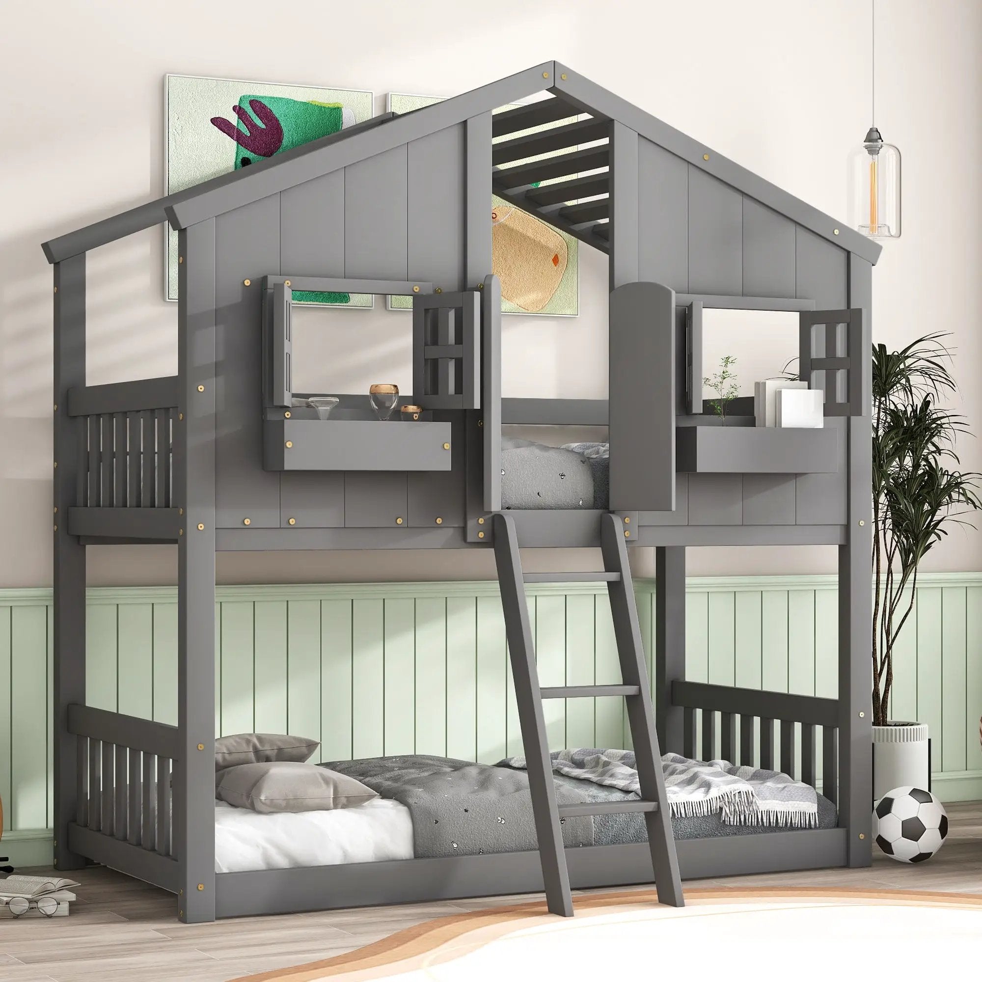 House Bunk Bed With Roof, Window, Window Box, Door, With Safety Guardrails And Ladder by Unique Piece Furniture