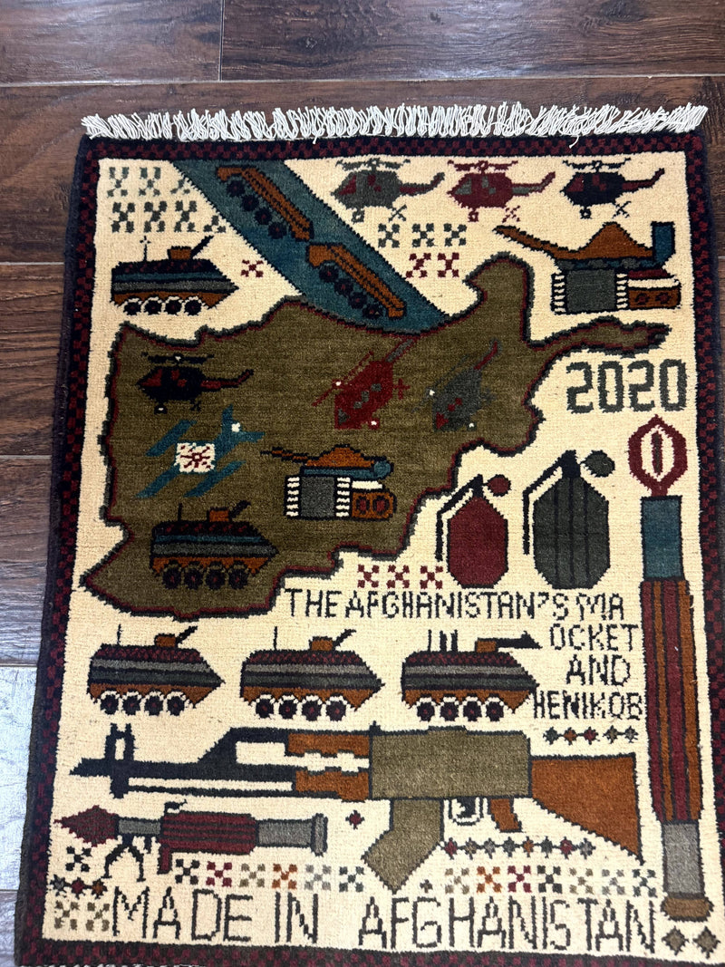 Afghan War Rug, Helicopters Tanks Guns, Handmade, Wool, 2x3 by Jewel Rugs