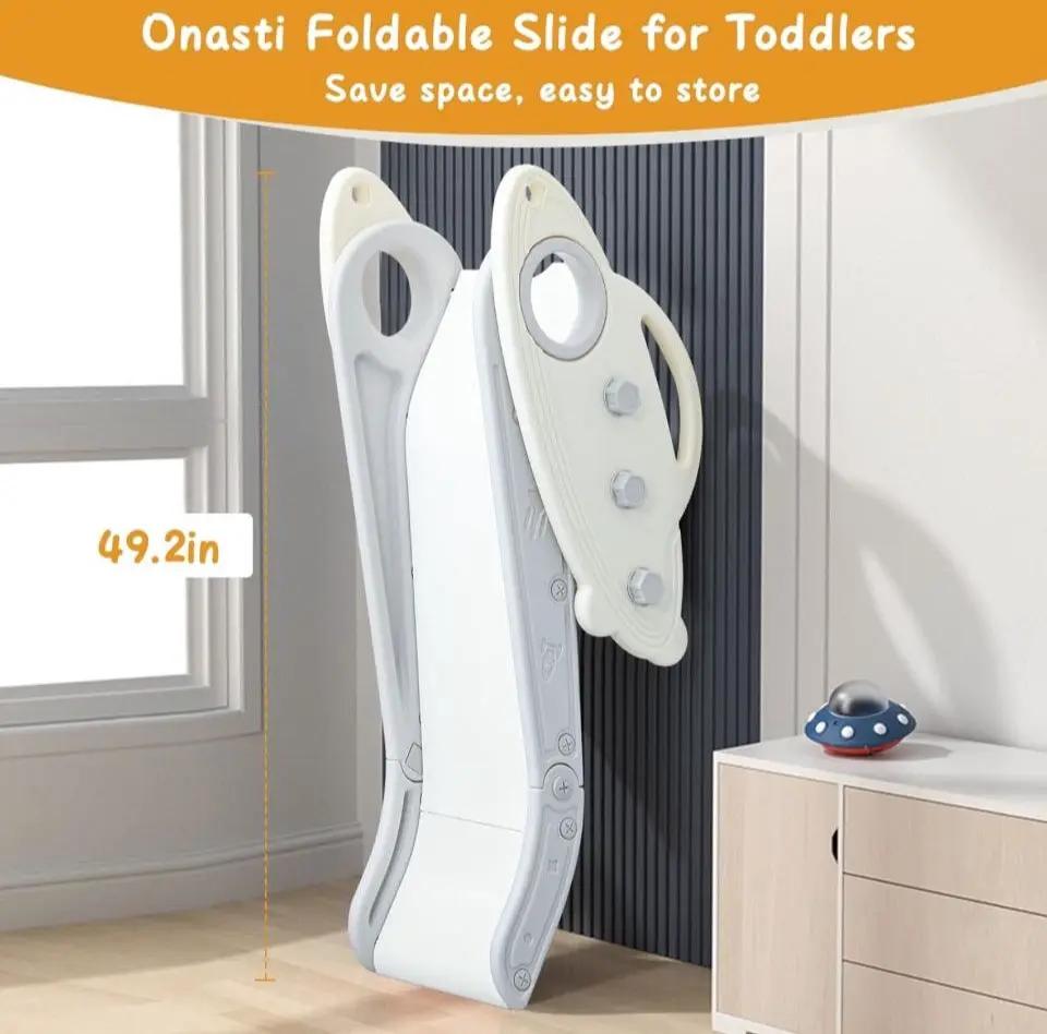 Open Box Onasti Kids Slide for Toddlers Age 1-3 Indoor Baby Plastic Slide Outdoor Climber Freestanding Playset with Basketball Hoop & Ring Game Grey by Selzalot