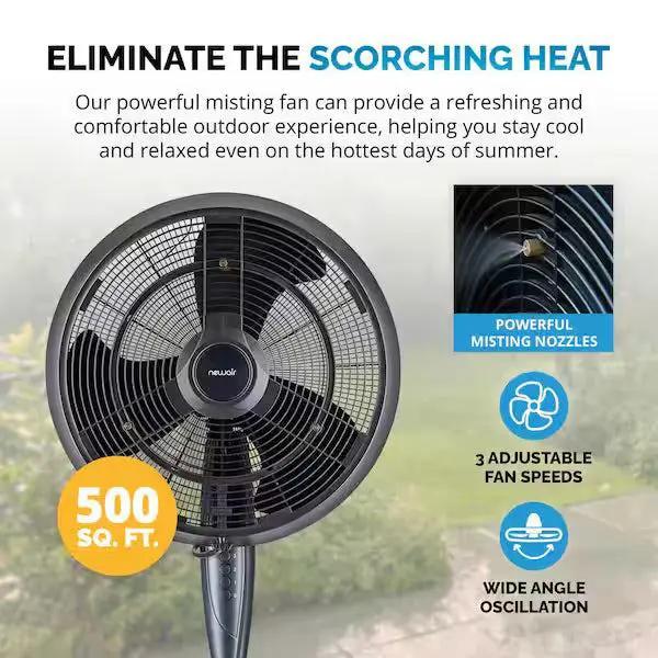 Open Box Newair 18 in. 3-Speed Wide-Angle Oscillating Outdoor Misting Fan and Pedestal Fan for Cool Down 500 sq. ft. - Black by Selzalot