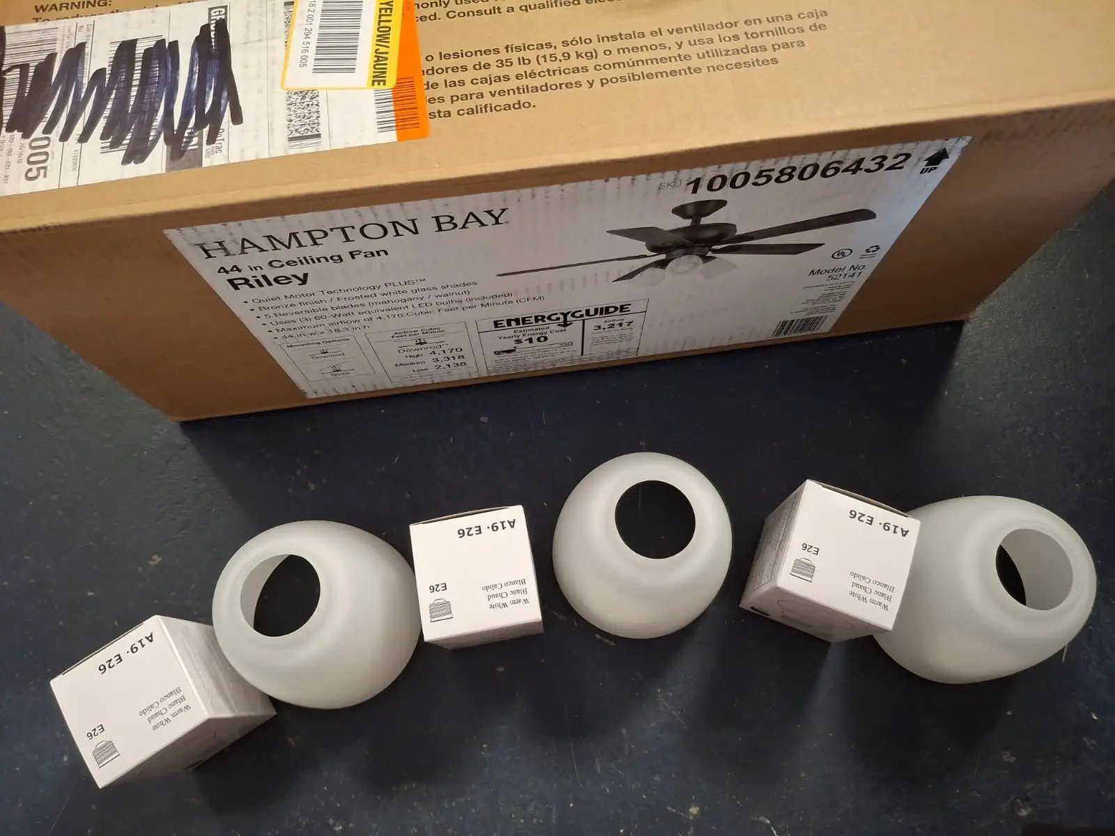 Open Box Hampton Bay Riley 44 in. Indoor LED Bronze Dry Rated Downrod Ceiling Fan with 5 Reversible Blades, Light Kit and Remote Control by Selzalot