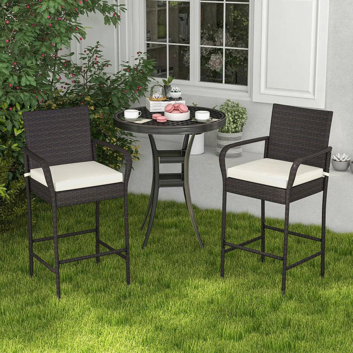 2/4 Pieces Outdoor PE Rattan Cushioned Barstool Set with Armrests, photo 2 of 9
