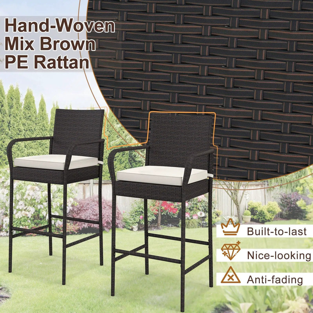 2/4 Pieces Outdoor PE Rattan Cushioned Barstool Set with Armrests, photo 5 of 9