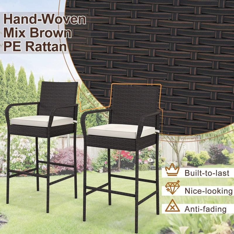 2/4 Pieces Outdoor PE Rattan Cushioned Barstool Set with Armrests by DirectDeals